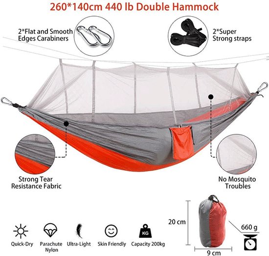 Hangmat met muggennet, dubbellaagse nylon parachute, 450 kg, TÜV