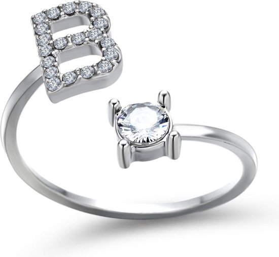 Ring met letter B - Ring met steen - Aanschuifring - Zilver kleurig - Ring Zilver dames - Cadeau voor vriendin - Vrouw - Sieraad meisje - Mooie ring tieners - Alfabet ring B - Ring met initiaal