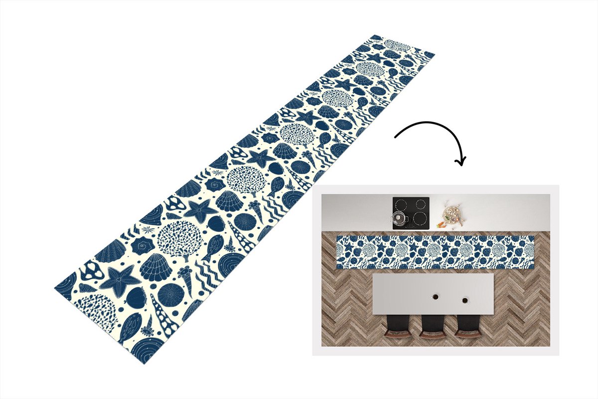 KitchenYeah Keukenloper - Keukenmat - Schelpen - Strand - Blauw - Patroon - Keuken vloerkleed Multicolor