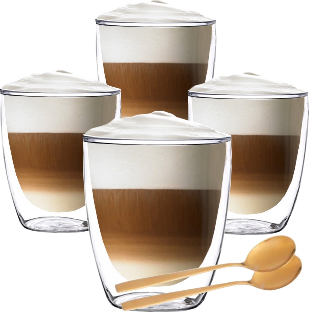 6 Tasses à Latte Macchiato avec Poignée et Cuillères Longues - 300ml -  Taille Idéale pour les Machines à Café - Lavable au Lave-vaisselle