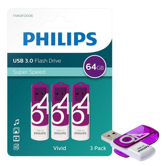 Clé USB Philips 64 Go Vivid Edition - USB3. 0, violet Magic