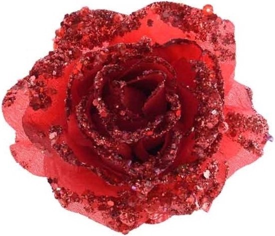 6x Rode glitter roos met clip - Kerst decoratie rode glitter roos met clip 6 stuks - Decoratiebloemen/kerstboomversiering