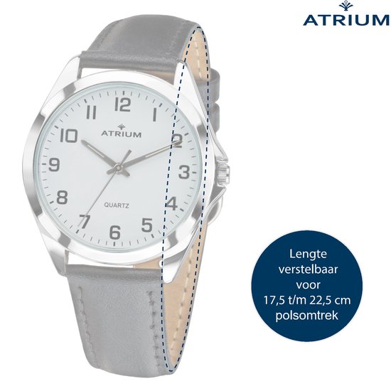 ATRIUM - Horloge - Heren - Zilver - Analoog - Leer Zwart - Lederen Bandje - Verstelbaar - Duidelijk - Quartz uurwerk - Edelstalen sluiting - A10-10 - Atrium