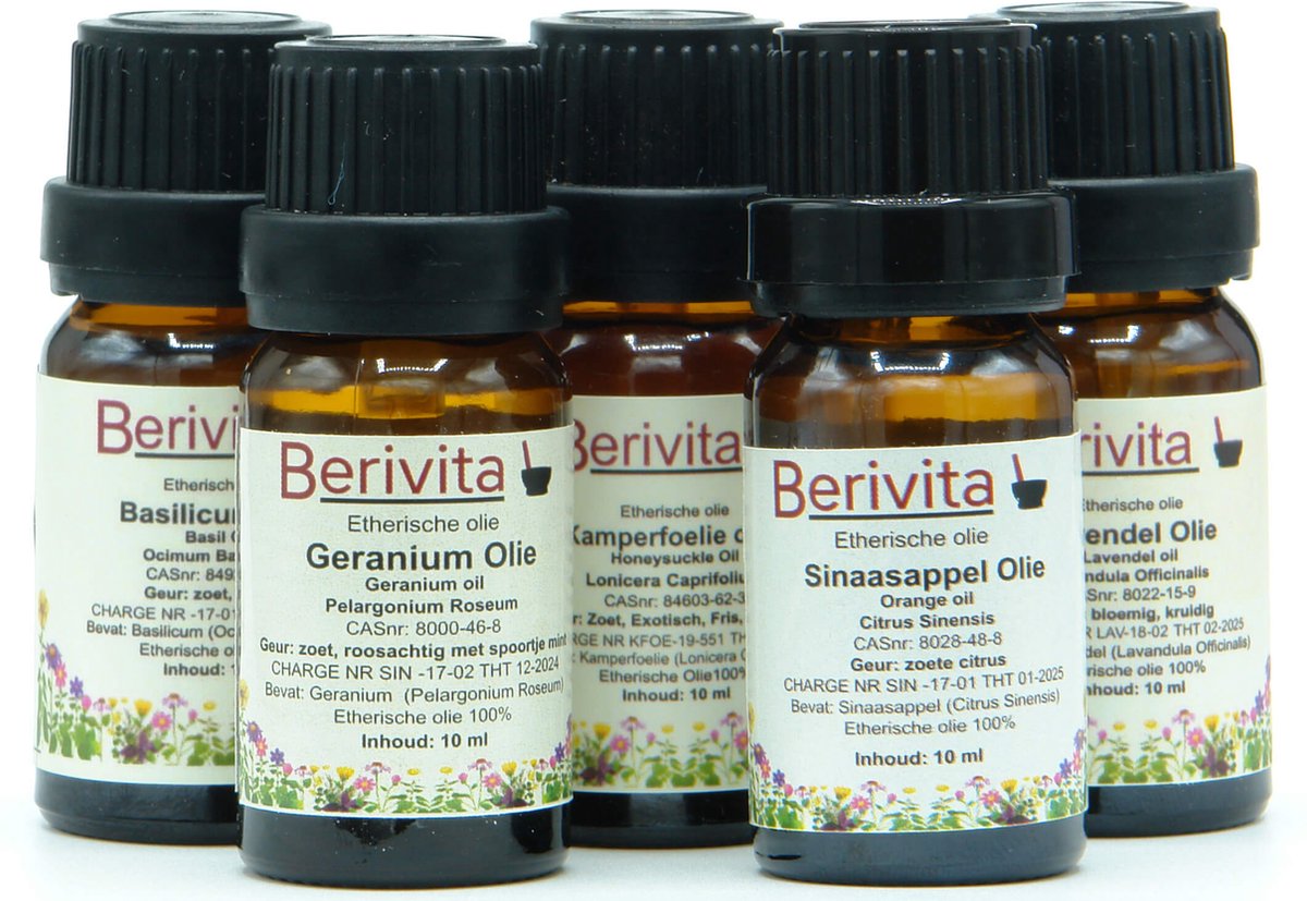 Goedkoopste Ontspannende Olie 5x10ml Etherische Olie Set - Lavendelolie 10ml, Geraniumolie 10ml, Kamperfoelie Olie 10ml, Sinaasappelolie 10ml en Basilicumolie 10ml - Essentiële Olie Set