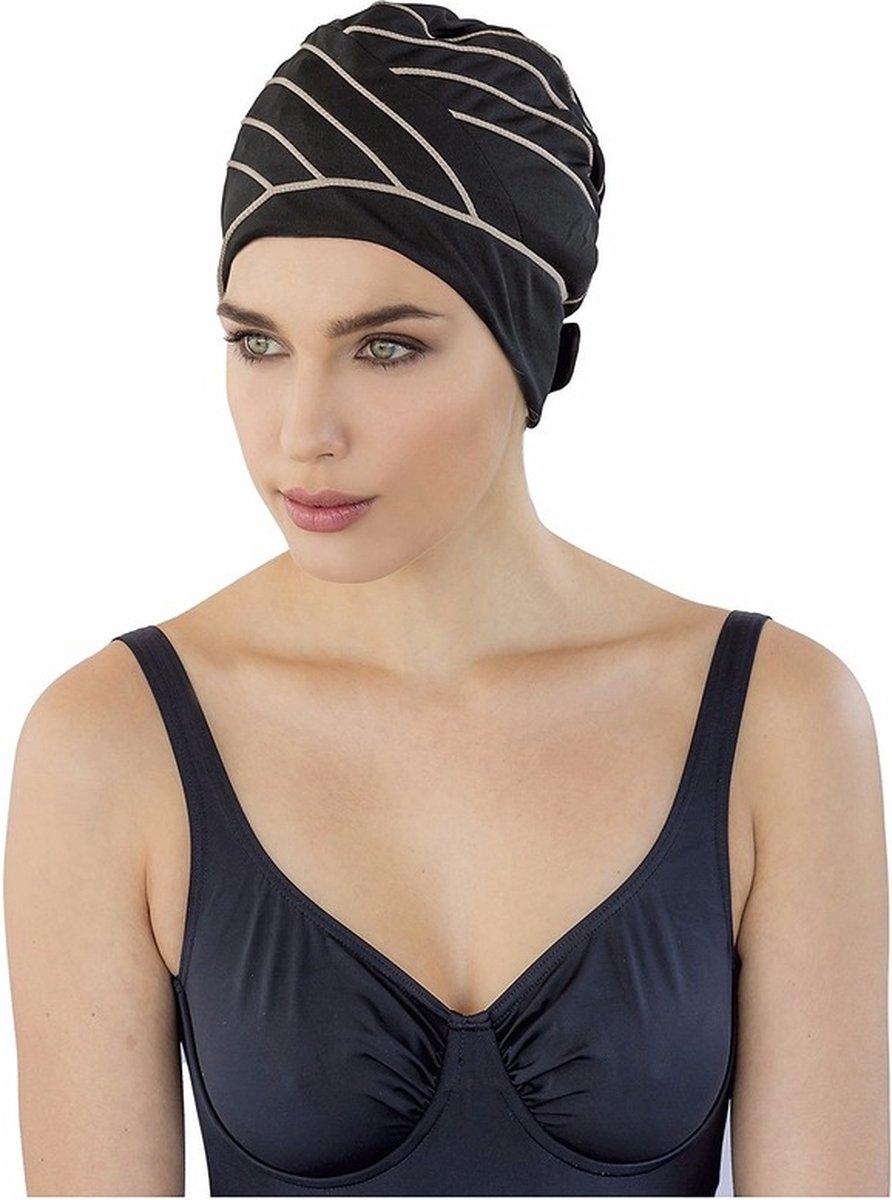 Fashy Badmuts - zwart/bruine - lijnen - voor dames - zwemsport - zwemmen