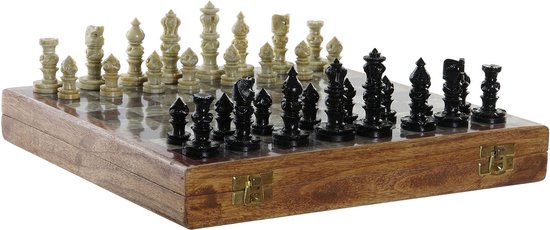 Afbeelding van het spel Luxe houten schaakspel in kist/koffer met stenen schaakstukken 30 x 30 cm - Schaakspel - Schaken