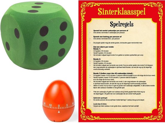 Thumbnail van een extra afbeelding van het spel Sinterklaas spel met groene dobbelsteen en timer/wekker/alarm - Pakjesavond Sinterklaasspel dobbelstenen set