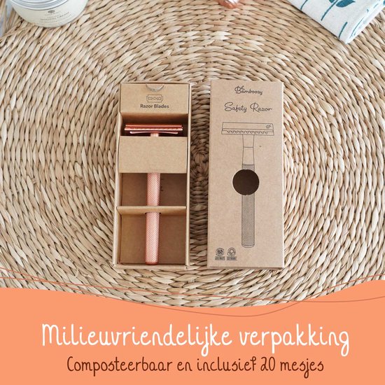 Bamboozy Safety Razor RVS + 20 Scheermesjes Rose Gold Goud voor Vrouwen Dames Zero Waste Scheermesje Veiligheidsscheermes