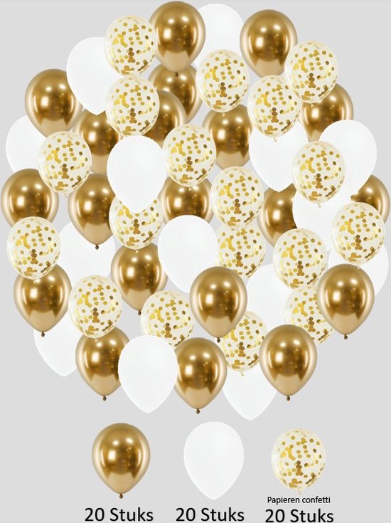 TripleAgoods 60 stuks Goud met Wit Helium Ballonnen met Lint – Verjaardag Versiering - Decoratie voor jubileum - Verjaardagversiering - Feestartikelen - Geslaagd versiering - Trouwfeest - Vrijgezellenfeest - Geschikt voor Helium en Lucht