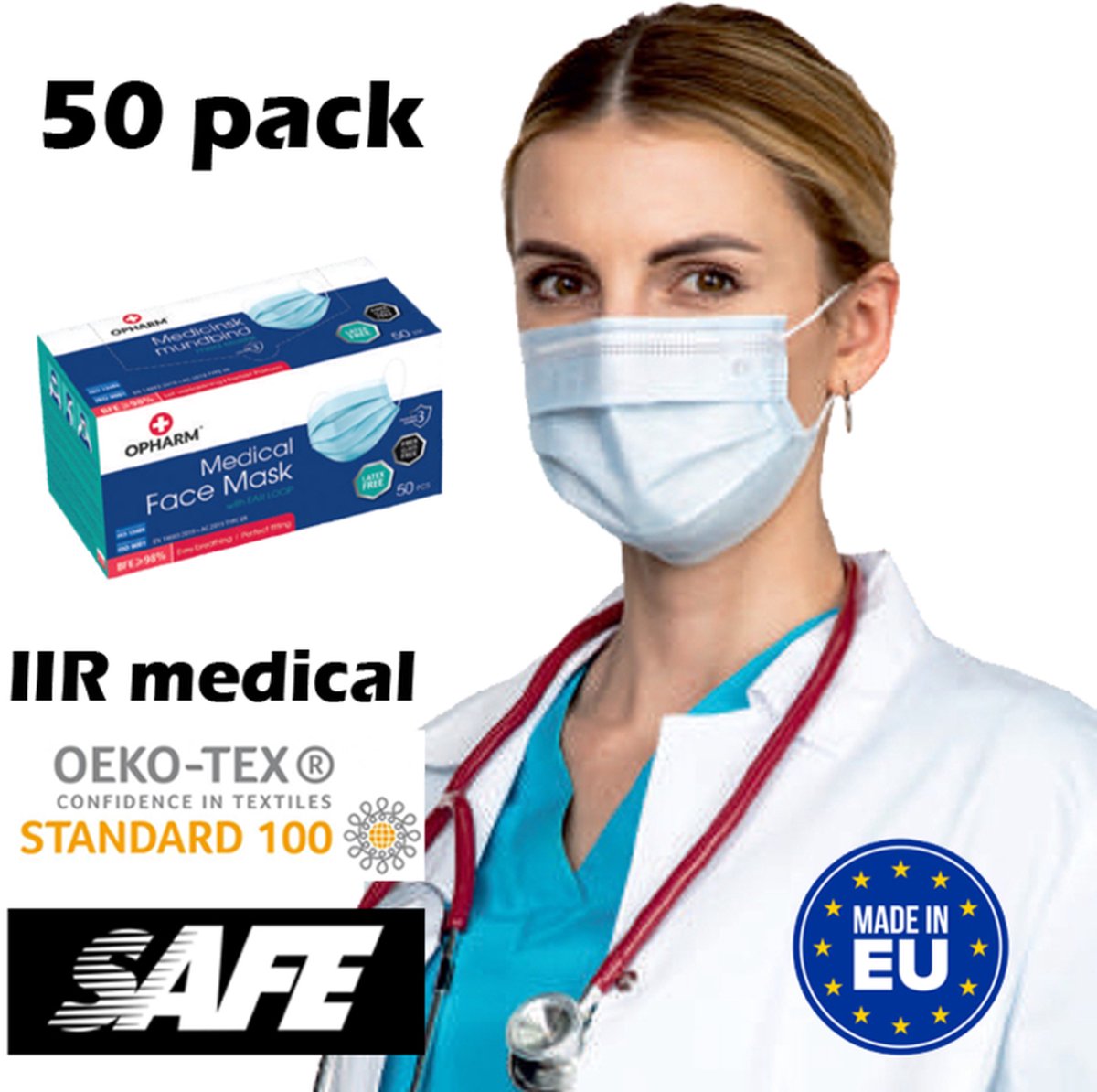 50 Blauwe IIR Medische mondkapjes geproduceerd in Europa