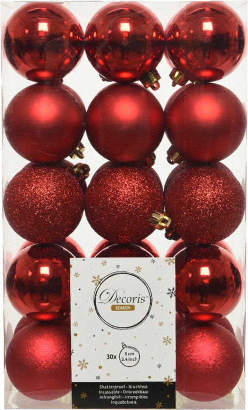 30x Kerst rode kunststof kerstballen 6 cm Mix Onbreekbare plastic