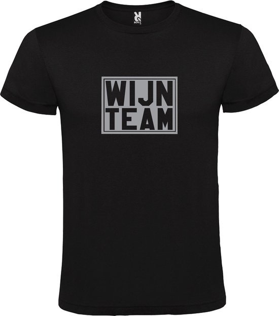 Zwart T shirt met print van " Wijn Team " print Zilver size M