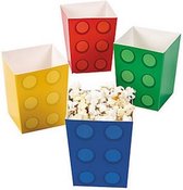 Popcorn bakjes met blokjes motief - 12 stuks (3 rood, 3 blauw, 3 geel, 3 groen) - stevig karton - klein formaat - 8 cm breed - 10 cm hoog - lego feestje - ninjago feestje