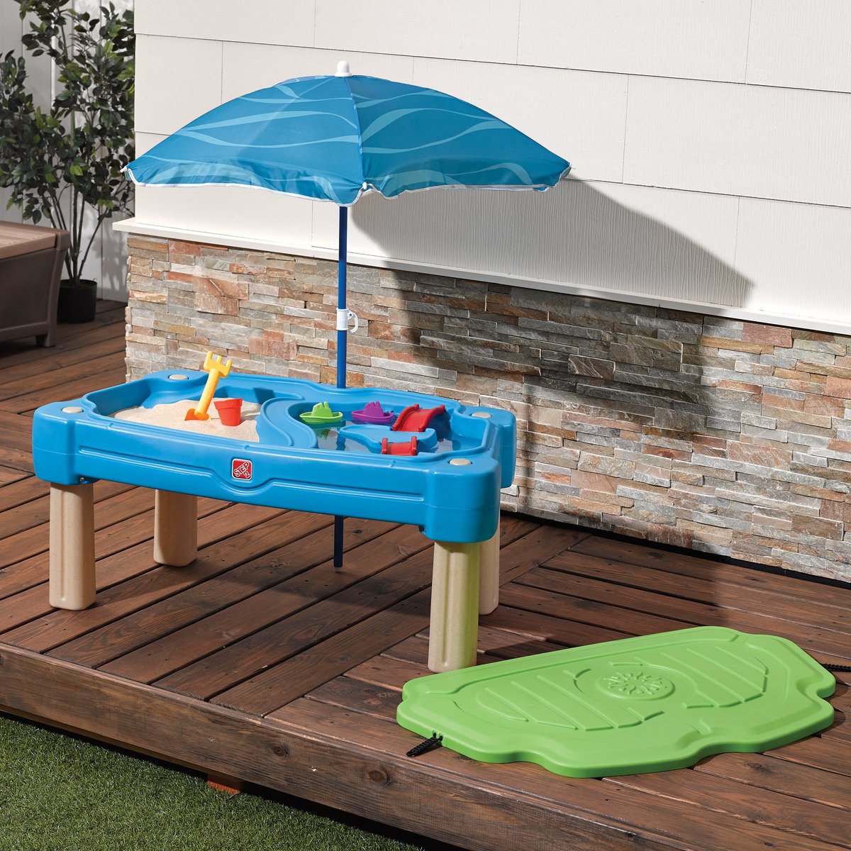 Step2 Cascading Cove Zand & Watertafel - Met Deksel, Parasol & 6 Accessoires - Activiteitentafel / Zandtafel met deksel voor de tuin / buiten - Waterspeelgoed voor kinderen — afbeelding 10