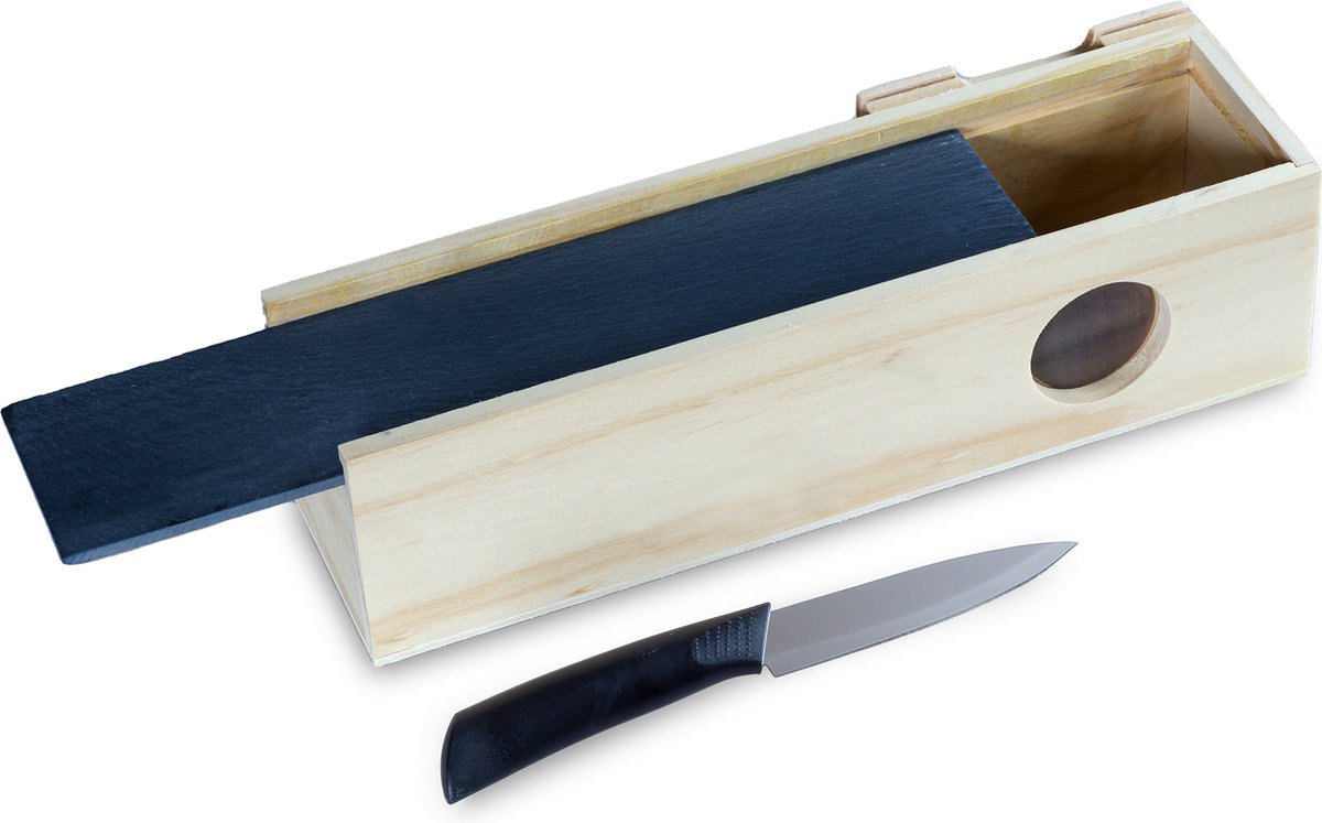 Snijset met Houten Kistje, Leisteen Snijplank & Mes – Voor Borrelhapjes, Tapas & Kaas – 30x9,5x8 cm