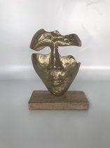 Decoratief beeld - Goudkleurig masker op houten voet – 16,5 x 7.5 x 23 cm – Goud en hout