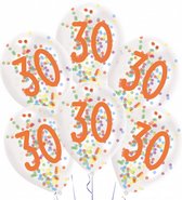 ballonnen confetti 30 jaar 27,5 cm latex wit 6 stuks