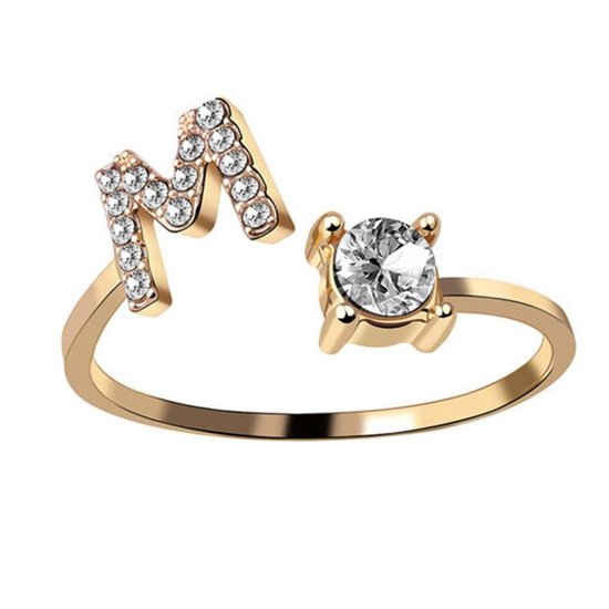 Ring Met Letter - Ring Met Steen - Letter Ring - Ring Letter - Initial Ring - (Zilver 925) Gold-Plated Letter M - Cadeautje voor haar