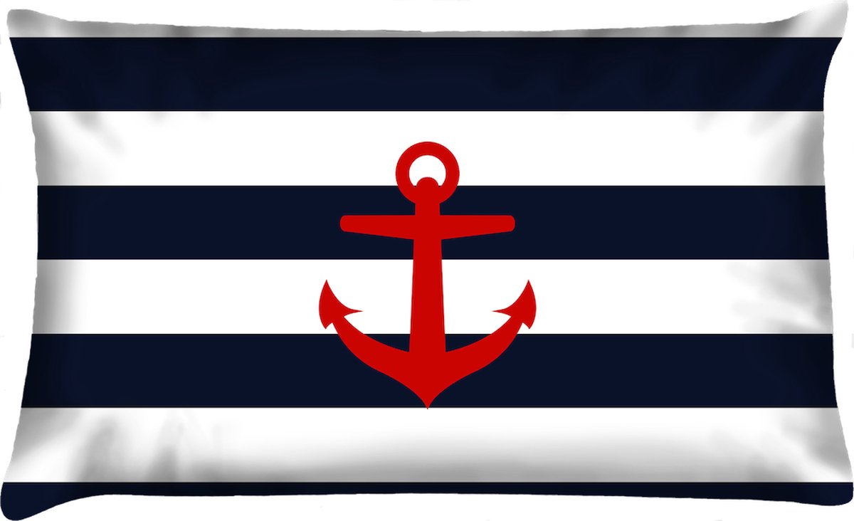 Sierkussen - Buitenkussen Hollands Glorie Waterafstotend Streep Met Anker - Wit En Blauw - 40 Cm X 60 Cm