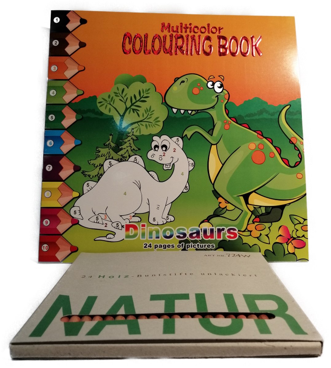 Kleurboek 29 x 29 cm - Dinosaurus - Kleuren op nummer - 24 pagina's - Voordeel Set 1 x kleurboek plus doos Duurzame Potloden 24 stuks