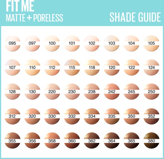Kleurenkaart van Maybelline Fit Me Matte + Poreless foundation met nummers.