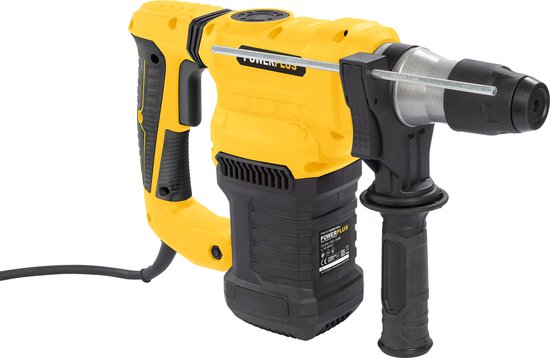 Gele en zwarte Powerplus klopboormachine met SDS-plus aansluiting, op witte achtergrond.