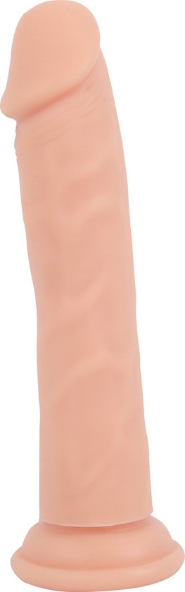 Beige dildo met textuur en platte basis, staand.