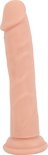 Beige dildo met textuur en platte basis, staand.