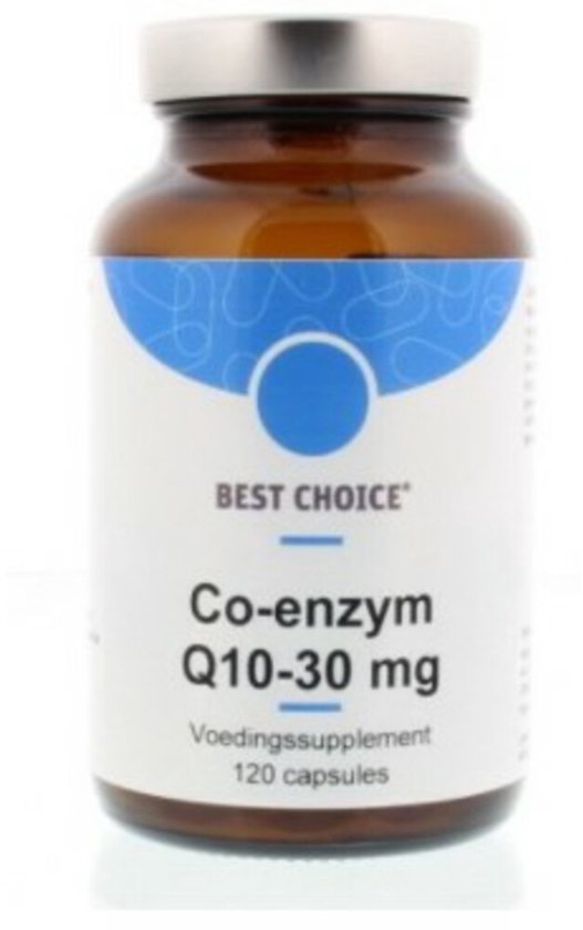 Bruine pot met witte etiketten: BEST CHOICE Co-enzym Q10-30 mg, voedingssupplement, 120 capsules.
