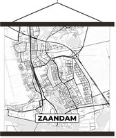Posterhanger incl. Poster 120x120 cm - Schoolplaat - Zaandam - Stadskaart - Zwart Wit - Plattegrond - Kaart - Textielposter - Zwarte latten - Plattegrond
