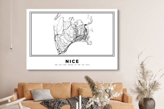 Tableau sur toile 180x120 cm - Décoration murale Carte - Plan de ville - Wit Zwart - Carte - Nice - France - Décoration murale salon - Décoration chambre - Accessoires de chambre - Peintures