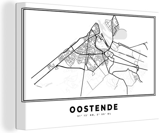 Peinture sur toile Carte - Ostende - België - Zwart Wit - Plan de ville - Carte - 30x20 cm - Décoration murale