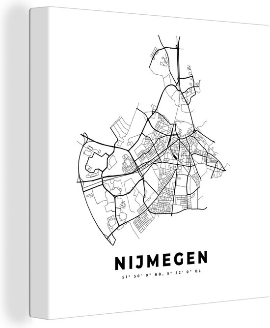 Canvas Schilderij Plattegrond – Nijmegen – Zwart Wit – Stadskaart - Kaart - Nederland - 20x20 cm - Wanddecoratie