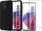 Hoesje geschikt voor Samsung Galaxy A53 - Matte Back Cover Microvezel Siliconen Case Hoes Zwart - Tempered Glass Screenprotector