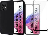 Hoesje geschikt voor Samsung Galaxy A53 - Matte Back Cover Microvezel Siliconen Case Hoes Zwart - Full Tempered Glass Screenprotector