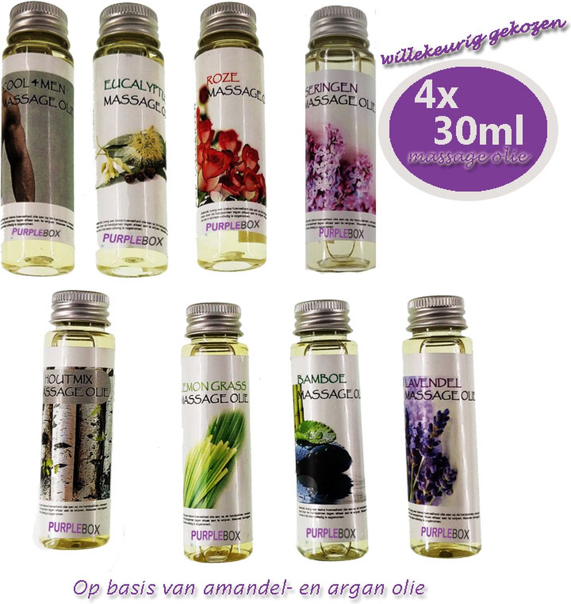 Goedkoopste Purplebox massage olie- verschillende geuren op basis van Argan en Amandel olie - 4x 30 ml