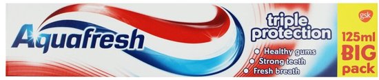 Aquafresh Triple Protection tandpastabuisje van 125 ml met rode, witte en blauwe golven.
