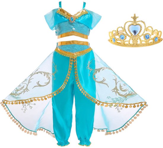 Jasmine jurk Kostuum Arabische prinsessen jurk 1001 nachten 128-134 (130) met kroon verkleedjurk - verjaardag - cadeau - meisje