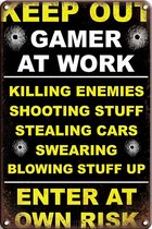 Signs-USA - Retro wandbord - metaal - Gamer at Work - Bullets Kogelgaten - 30 x 40 cm
