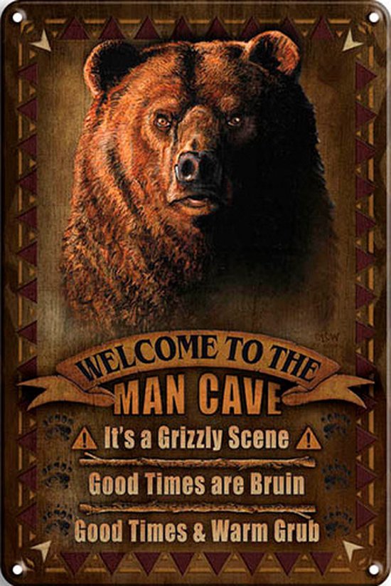 Signs-USA - Retro wandbord - metaal - Welcome to the Man Cave Beer - Grizzly Beer - 30 x 40 cm