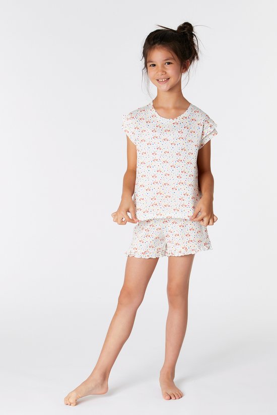 Woody - Meisjes-Dames Pyjama - wit met bolletjes axolotl print - 221-1-PSA-S/940