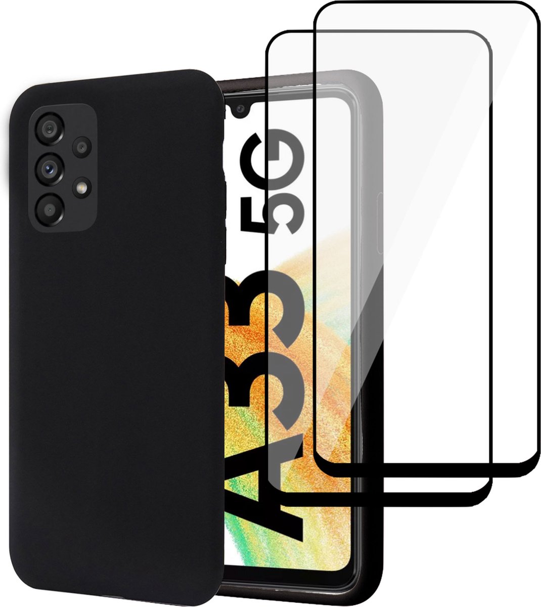 Hoesje geschikt voor Samsung A33 5G + 2x Screenprotector – Full Screen Tempered Glass - Liquid Back Case Cover Zwart