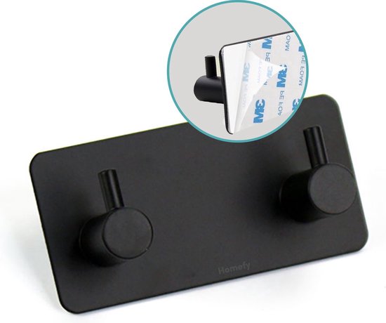 *** Dubbele Design Haak – RVS – Zelfklevend rechthoekig – Handdoekhaak – Zwart – Ophanghaak – Ophanghaken – Dubbel – 2 handdoeken – van Heble® ***