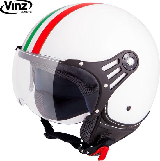 VINZ Trafori Jethelm Wit met Strepen Italiaanse Vlag / Scooterhelm / Brommerhelm / Motorhelm / Fashionhelm voor Scooter / Vespa / Brommer / Motor