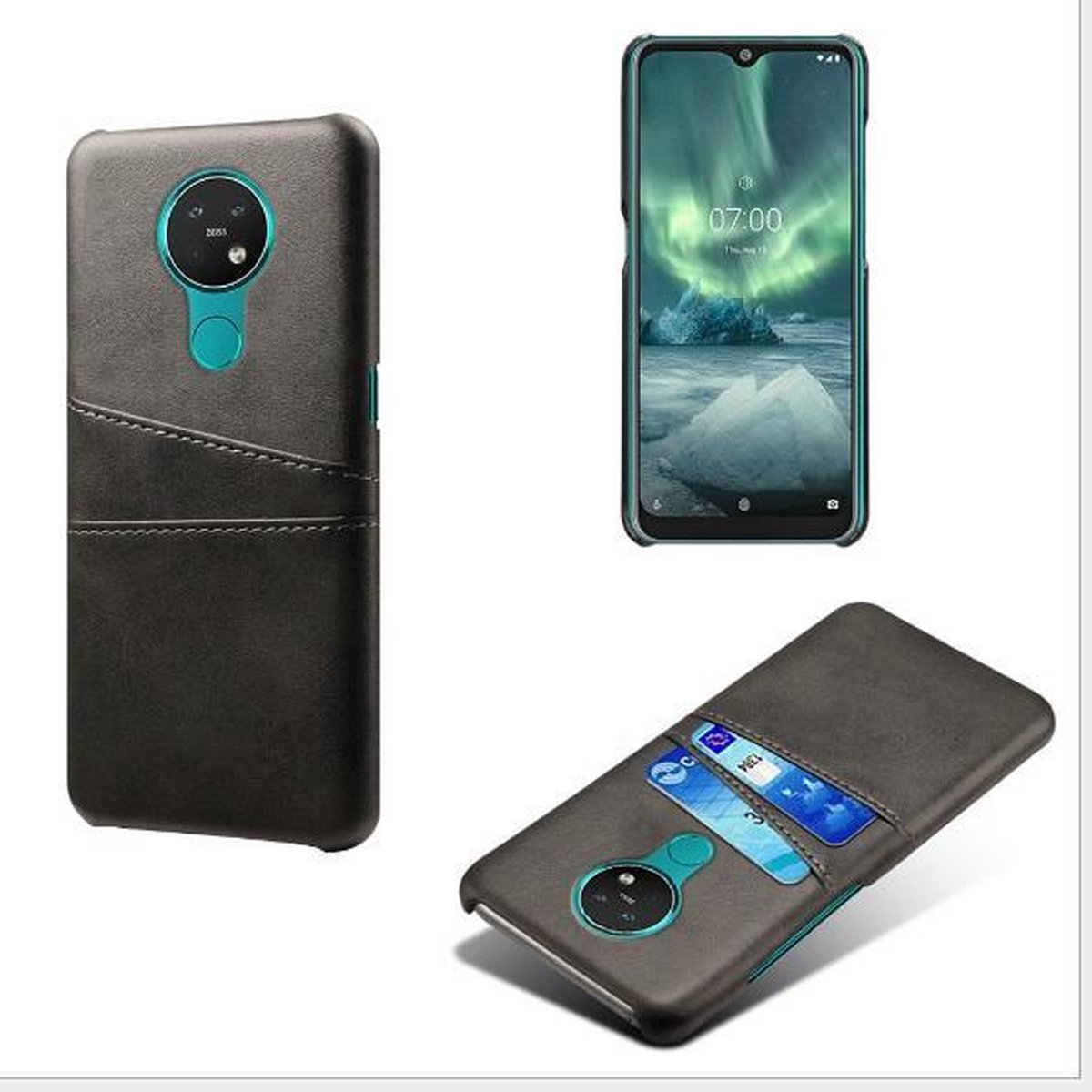 Back Cover met Opbergvakjes + Gehard Glas Screenprotector voor Nokia 7.2 _ Zwart