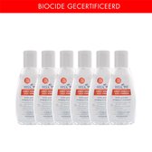 Zes flacons Herome Direct Desinfect S.O.S. Handgel, onverdund, met witte dop. Rode banner.