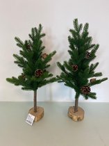 Kunstkerstbomen met dennenappels op houten standaard - set van 2 stuks (groen)