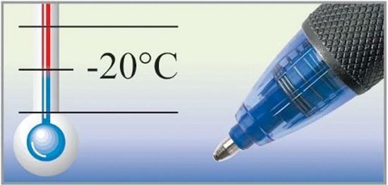 Thermometer toont -20°C naast de blauwe punt van een pen.