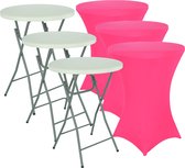 3x Statafel + Roze Statafelrok 3x – 80 cm Dia x 110 cm hoog – Cocktailtafel – Hoge staan tafel – Breed Blad – Inclusief Roze Statafelhoes – Staantafelrok Stretch R