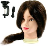 Oefenhoofd Bella echt haar - 60 cm haarlengte - kappershoofd met tafelklem - donkerbruin kaphoofd